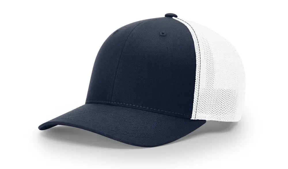 Navy and white trucker hat with leather patch for first responders and firefighters displayed in Dumpster Fire product