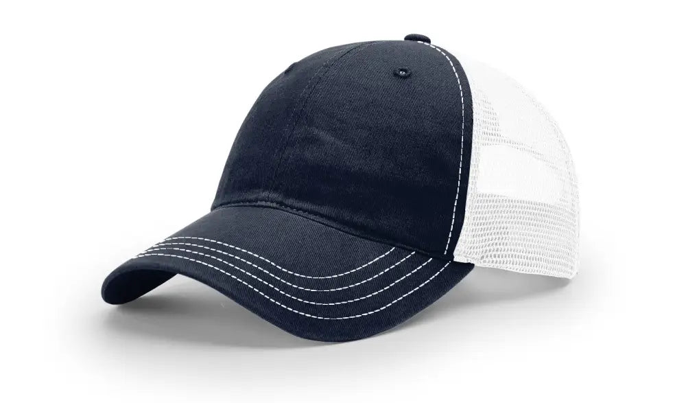 Navy and white trucker hat with leather patch for first responders and firefighter fans