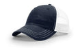 Navy and white trucker hat with serpent skull leather patch and skull leather patch design