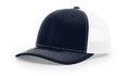 Navy and white trucker hat with Serpent Skull Leather Patch and Skull Leather Patch