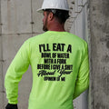 Neon green long sleeve safety yellow hi-vis shirt with bold black text design