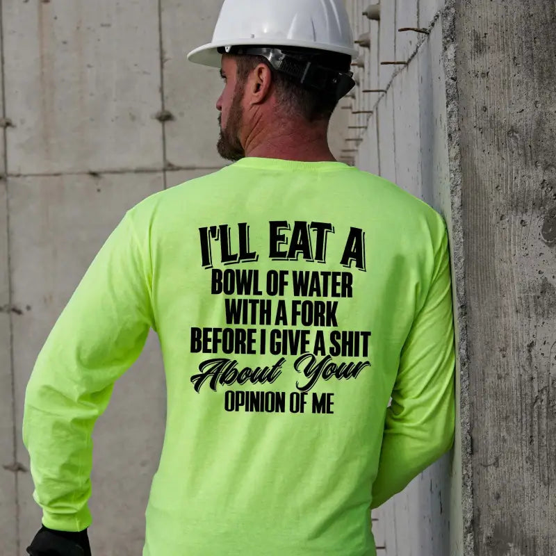 Neon green long sleeve safety yellow hi-vis shirt with bold black text design