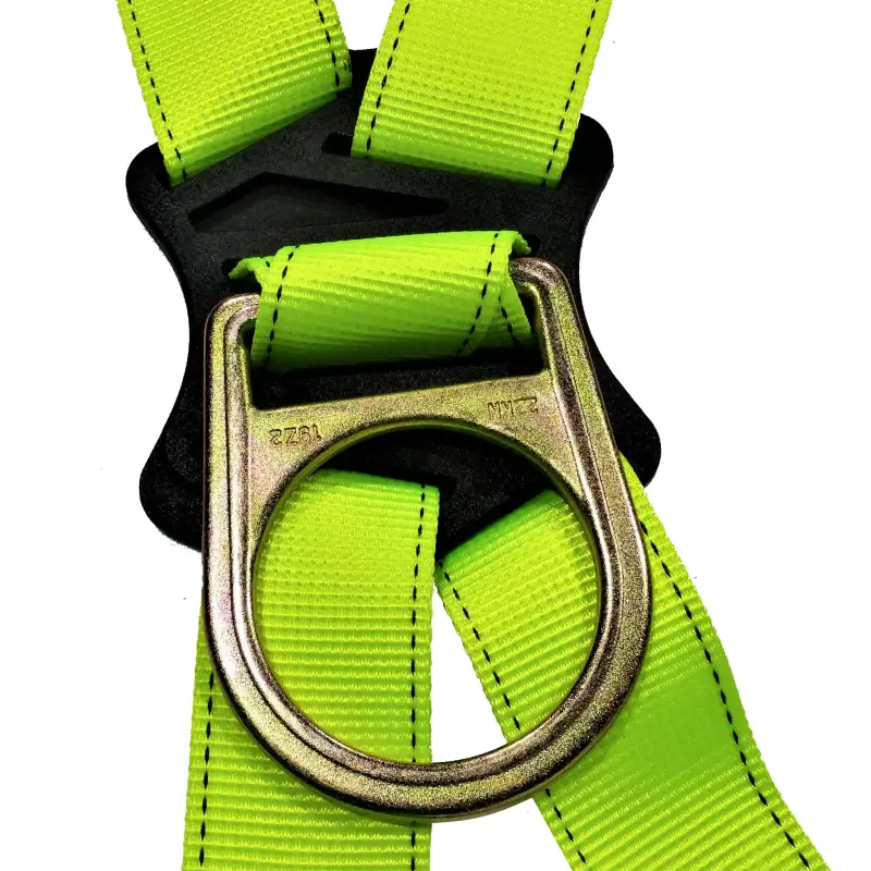 Neon green fall protection safety tower harness with metal ring and supportive waist belt