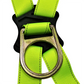 Neon green safety body harness with metal ring for fall prevention and adjustment points