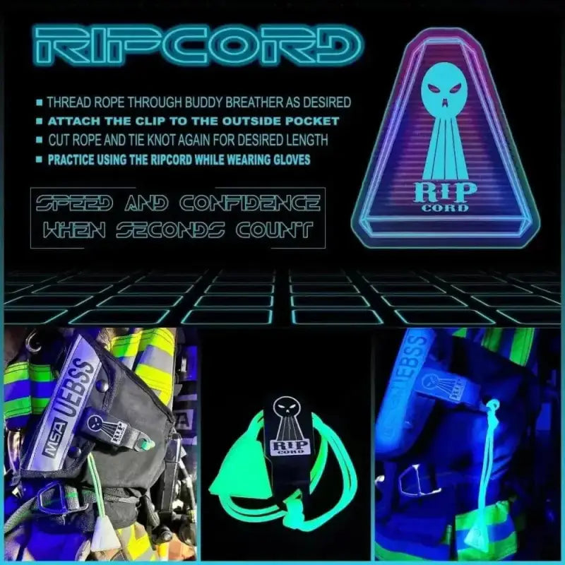 Neon Rip Cord device with glowing safety instructions for first responders and firefighters