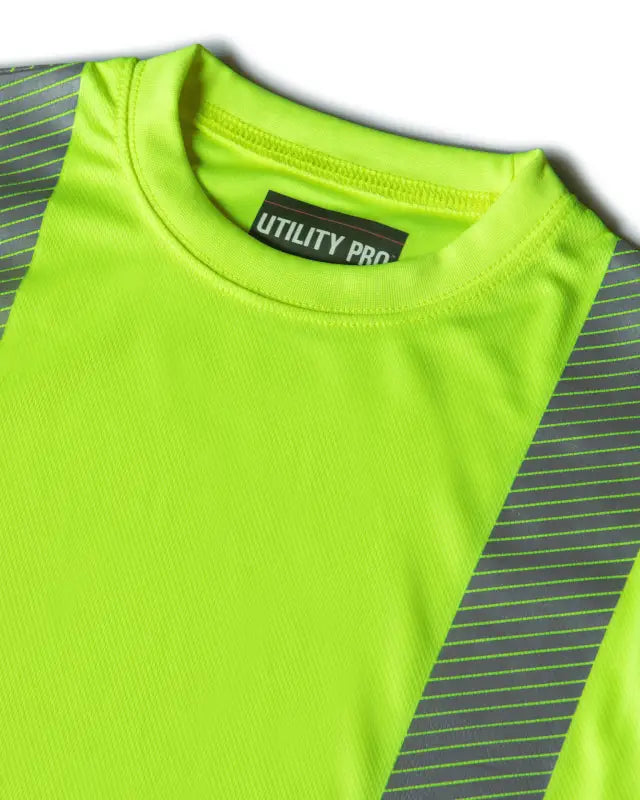 Neon yellow UHV997 Women’s HiVis Short Sleeve Tee with Utility Pro label