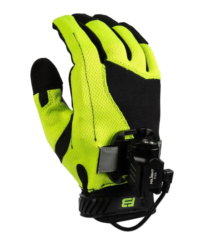 Neon yellow and black Exxtremity Patrol Gloves 2.0 for hands-free hilight P3X use