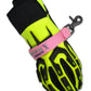 Neon yellow and black firefighter glove with a pink glove strap attachment for safety