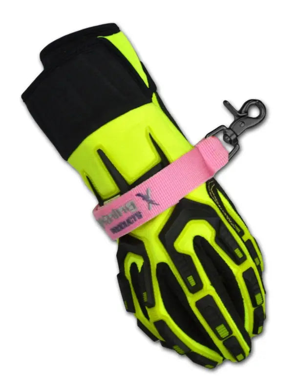 Neon yellow and black firefighter glove with a pink glove strap attachment for safety