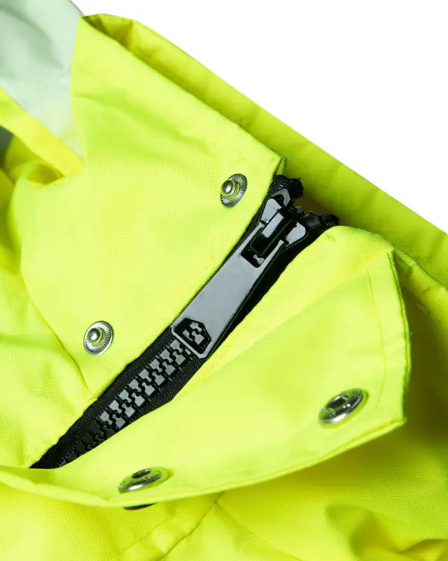 Neon yellow fabric of UHV563 HiVis Bomber Jacket featuring black zipper and metal snaps