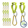 Twelve neon-yellow glove clip safety holders with gold carabiners for easy use