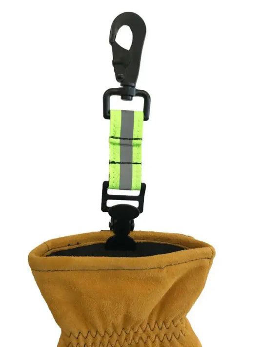 Neon yellow and gray reflective gear clip with powerful alligator clip on firefighter glove