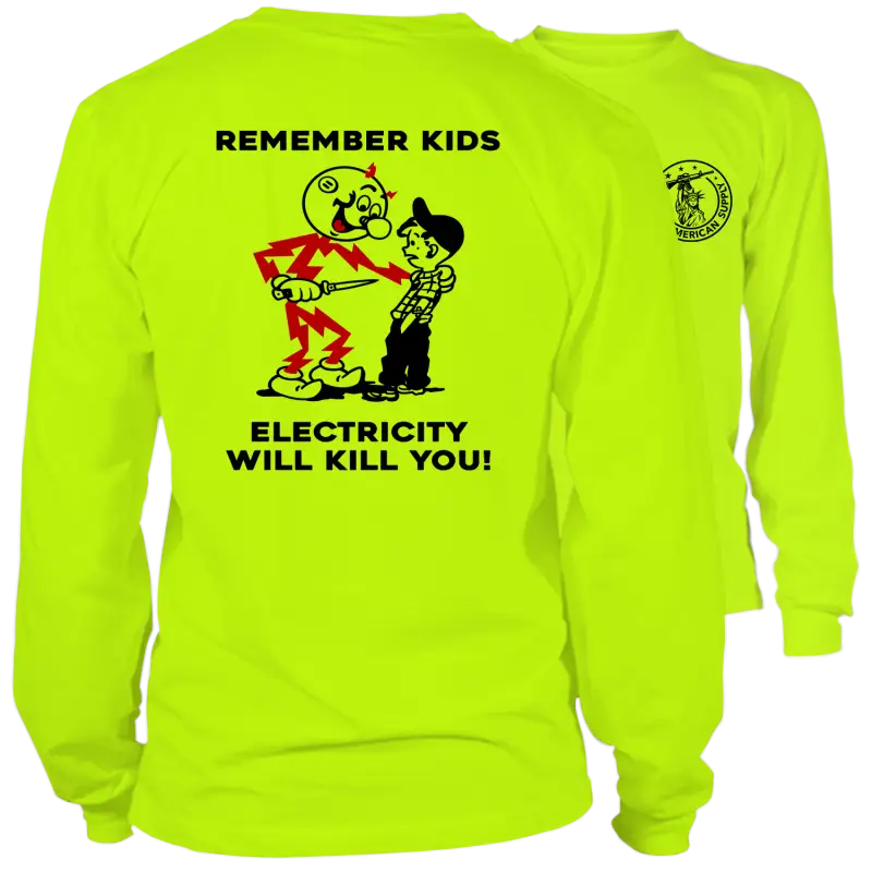 Neon yellow long sleeve hi-vis t-shirt from Remember Kids for enhanced visibility