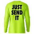 Neon yellow long sleeve sun shirt Just Send It Hi-Visibility UPF 50 for sun protection