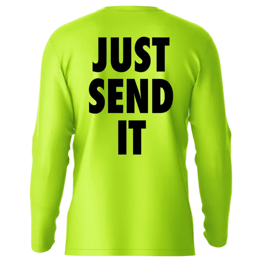 Neon yellow long sleeve sun shirt Just Send It Hi-Visibility UPF 50 for sun protection