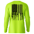 Neon yellow Rifle Flag long sleeve sun shirt with gun and American flag design