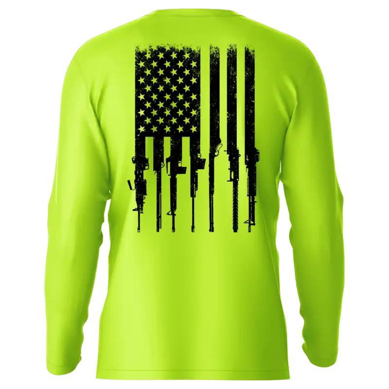 Neon yellow Rifle Flag long sleeve sun shirt with gun and American flag design