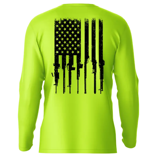 Neon yellow Rifle Flag long sleeve sun shirt with gun and American flag design