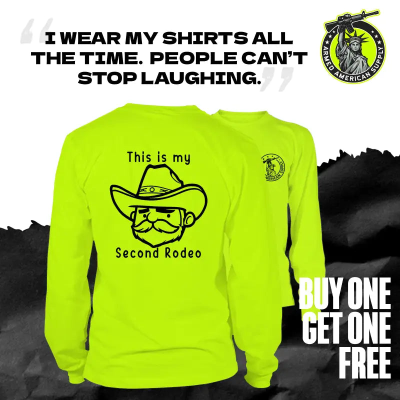 Neon yellow long sleeve safety shirt featuring cowboy graphic from My Second Rodeo collection