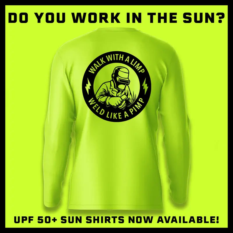 Neon yellow long sleeve sun shirt with welding graphic, Hi-Visibility UPF 50 design