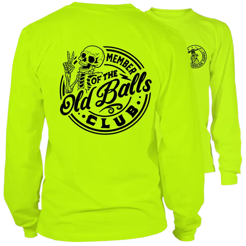 Neon yellow long sleeve safety shirts from Old Balls Club, ideal for visibility and style