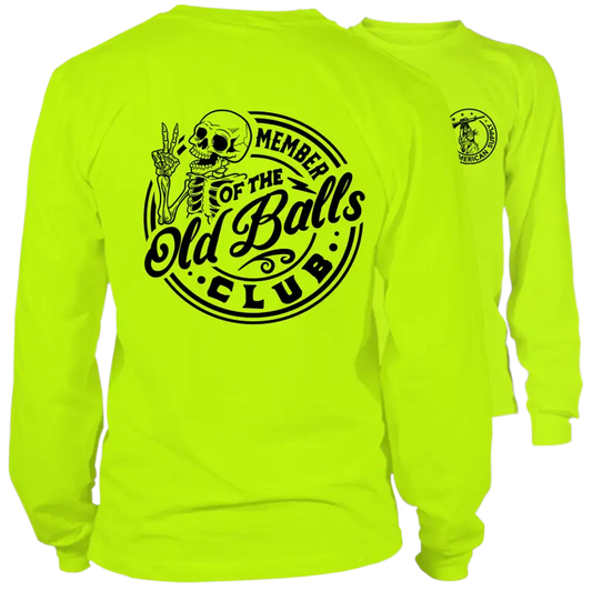 Neon yellow long sleeve safety shirts from Old Balls Club, ideal for visibility and style