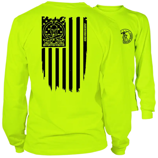 Neon yellow long sleeve hi-vis t-shirt featuring Molon Labe Ghost Flag design