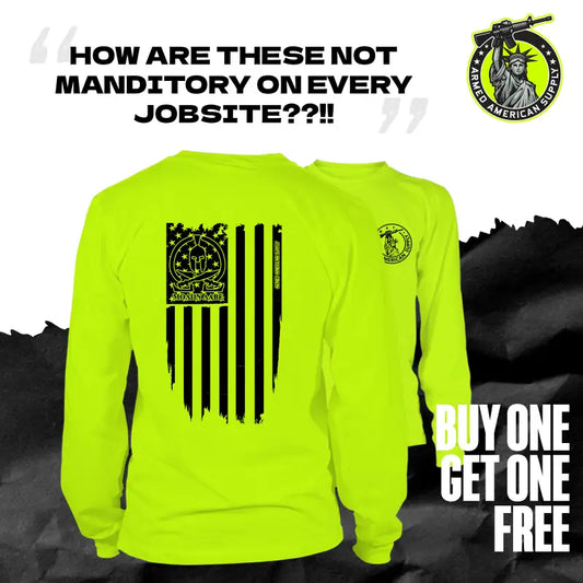 Neon yellow long sleeve hi-vis t-shirt featuring Molon Labe Ghost Flag design