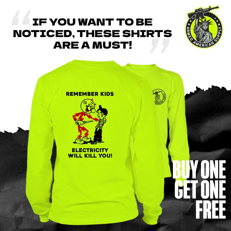 Neon yellow long sleeve hi-vis t-shirt with electricity safety graphic for kids