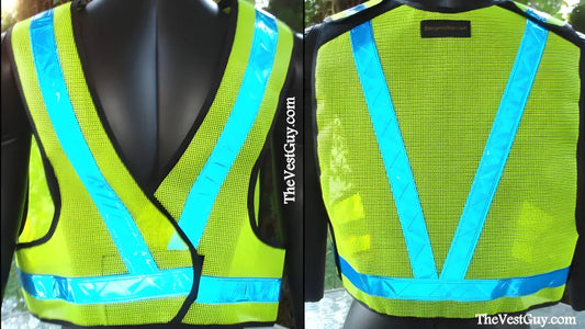 Neon yellow high visibility 5pt breakaway safety vest with blue reflective stripes