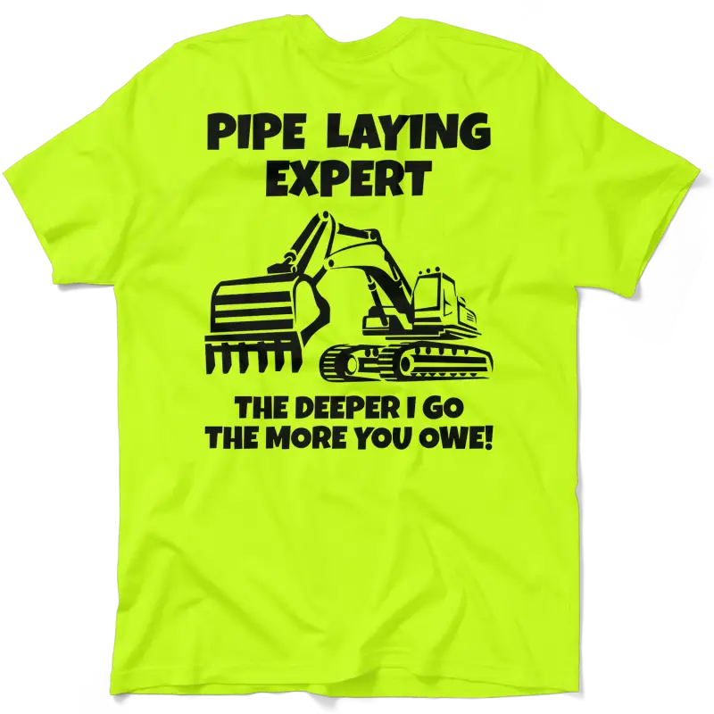 Neon yellow t-shirt from Pipe Layer Expert, perfect for visibility on the job