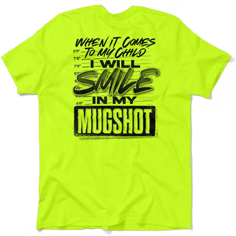 Neon yellow t-shirt showcasing the Mugshot Safety Yellow T-Shirt design