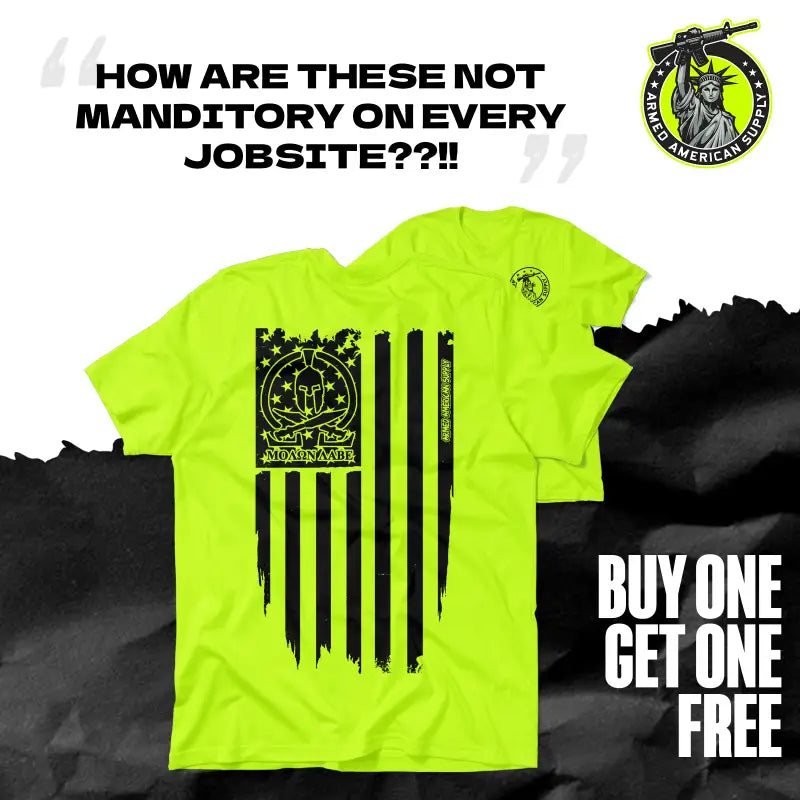 Neon yellow t-shirt featuring black American flag design for Molon Labe Ghost Flag