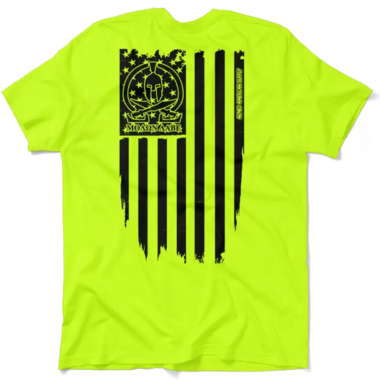 Neon yellow Molon Labe Ghost Flag t-shirt featuring bold black flag graphic