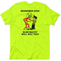 Neon yellow t-shirt with cartoon graphic from Remember Kids safety yellow collection