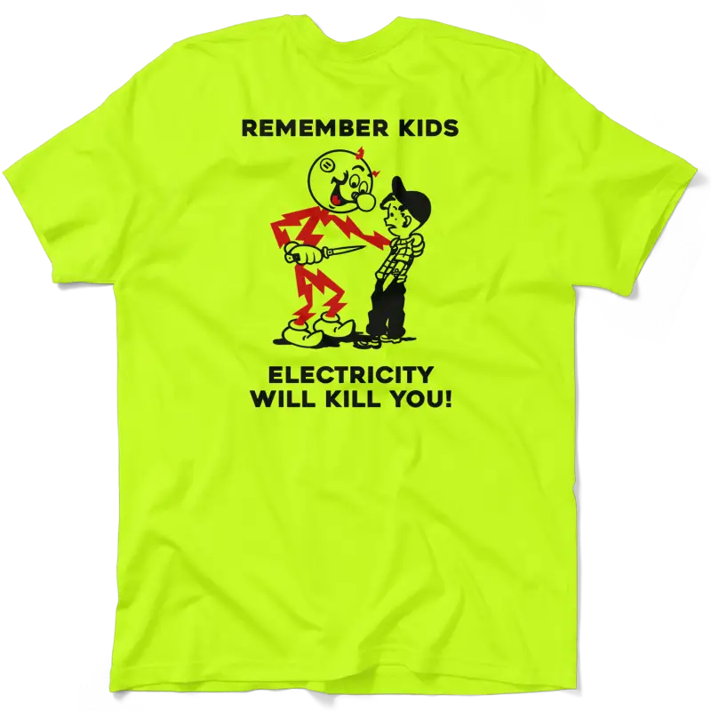 Neon yellow t-shirt with cartoon graphic from Remember Kids safety yellow collection