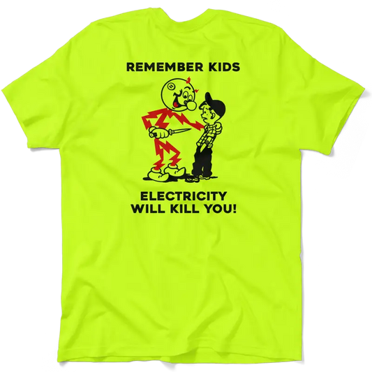 Neon yellow t-shirt with cartoon graphic from Remember Kids safety yellow collection