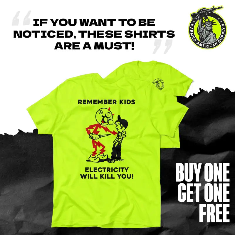 Neon yellow t-shirt with cartoon graphic from Remember Kids Safety Yellow T-Shirt collection