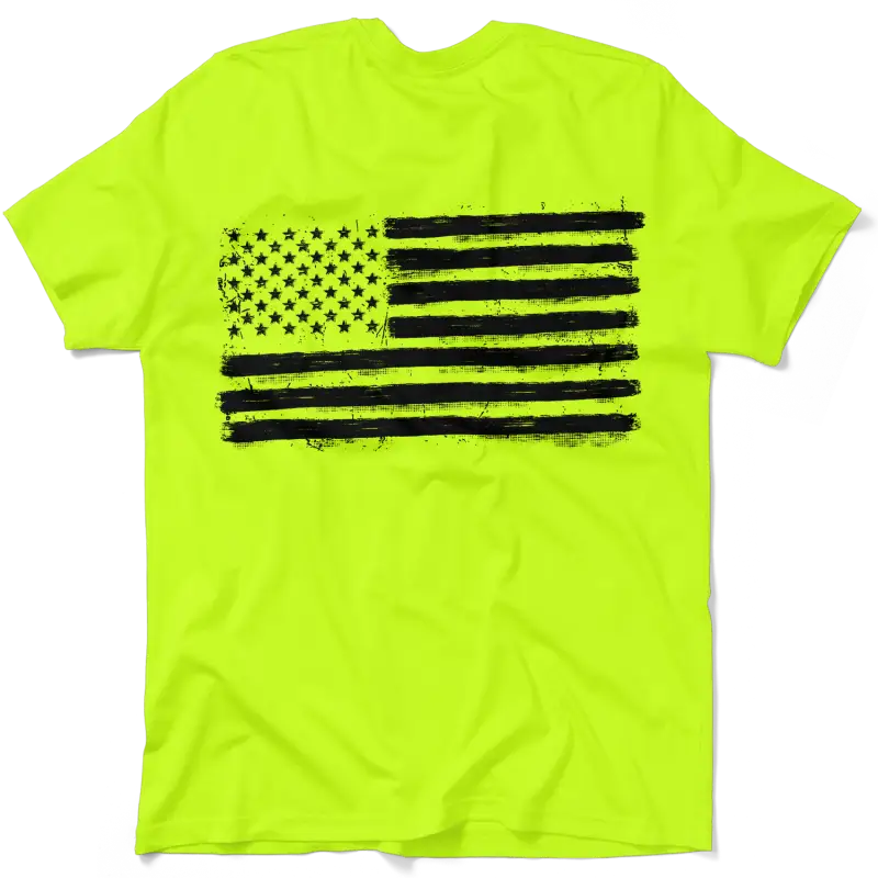 Neon yellow hi-vis t-shirt featuring a distressed American flag design