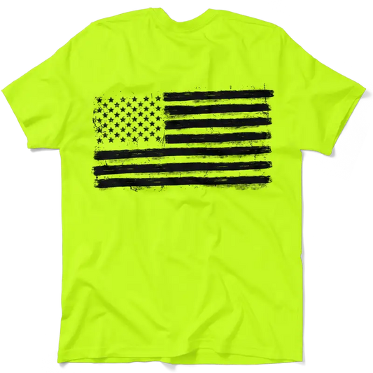 Neon yellow hi-vis t-shirt featuring a distressed American flag design