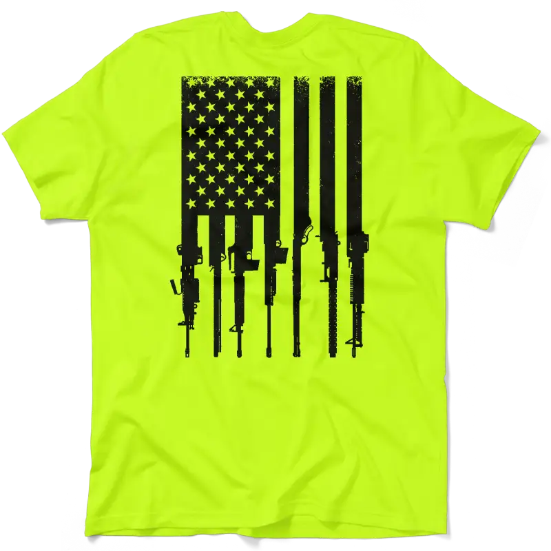 Neon yellow safety t-shirt featuring rifle flag design for bold style and patriotism