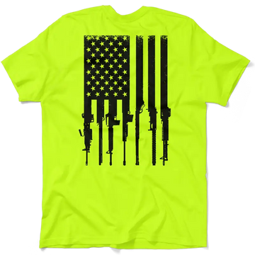 Neon yellow safety t-shirt featuring rifle flag design for bold style and patriotism