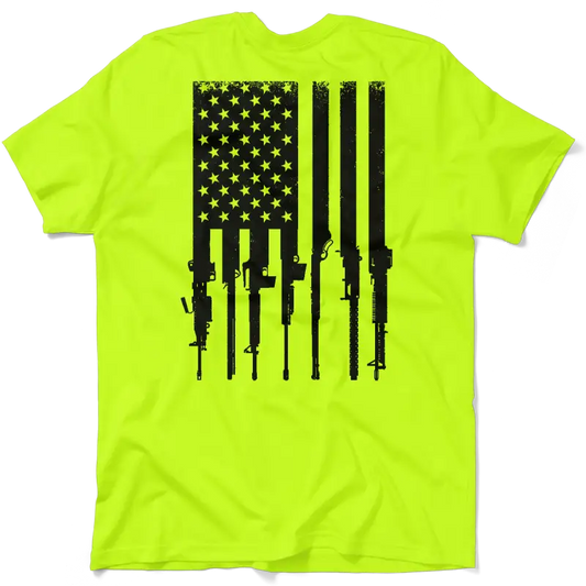 Neon yellow safety t-shirt featuring rifle flag design for bold style and patriotism