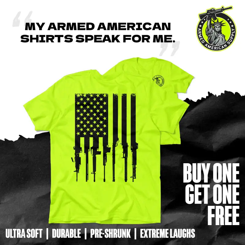 Neon yellow t-shirt featuring a gun-themed Rifle Flag design for safety and style