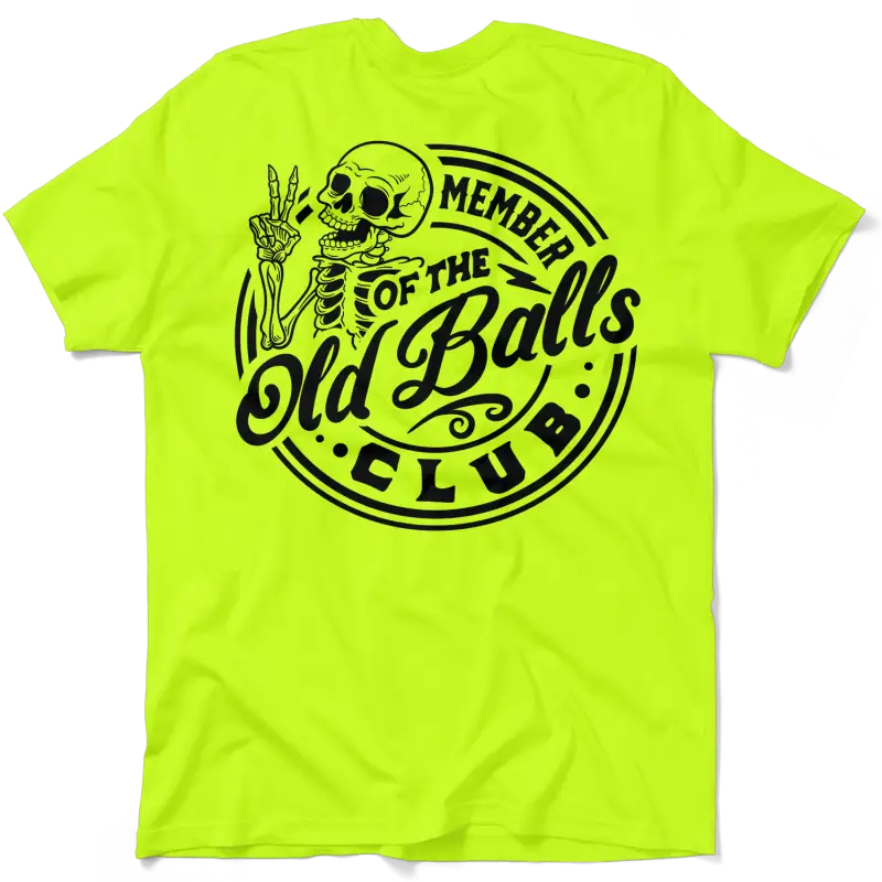 Neon yellow hi-vis t-shirt with skeleton graphic from Old Balls Club