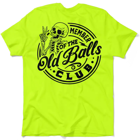 Neon yellow hi-vis t-shirt with skeleton graphic from Old Balls Club