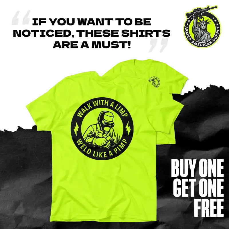 Neon yellow t-shirts featuring a welding graphic for safety and style