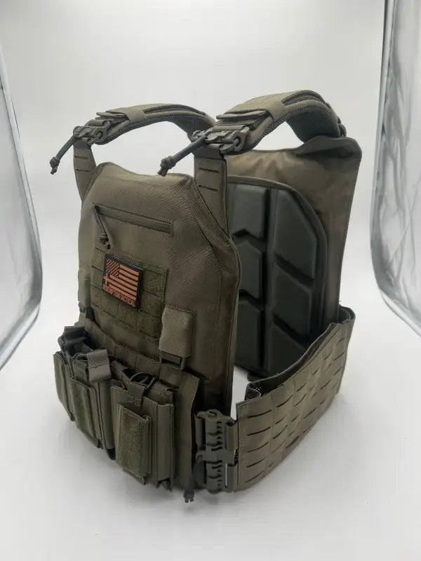 Olive drab body armor with magazine pouches and shoulder straps from Redemption Tactical, large size