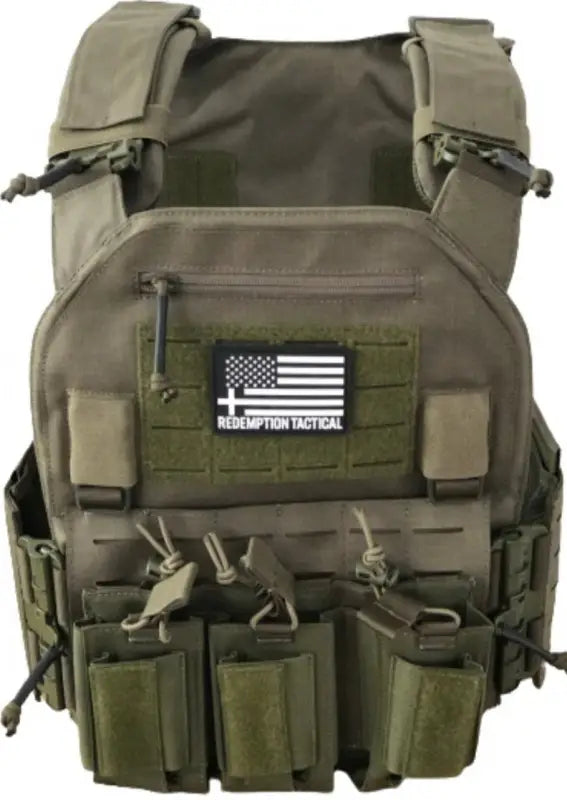 Olive drab tactical body armor with magazine pouches and Redemption Tactical patch