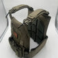 Olive drab tactical vest with modular attachments and padded shoulder straps for large size body armor